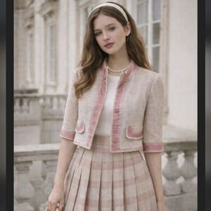 Zara Woman Tweed Cropped Blazer Jacket Pink Size 4 Quilted Trim Twee Old Money